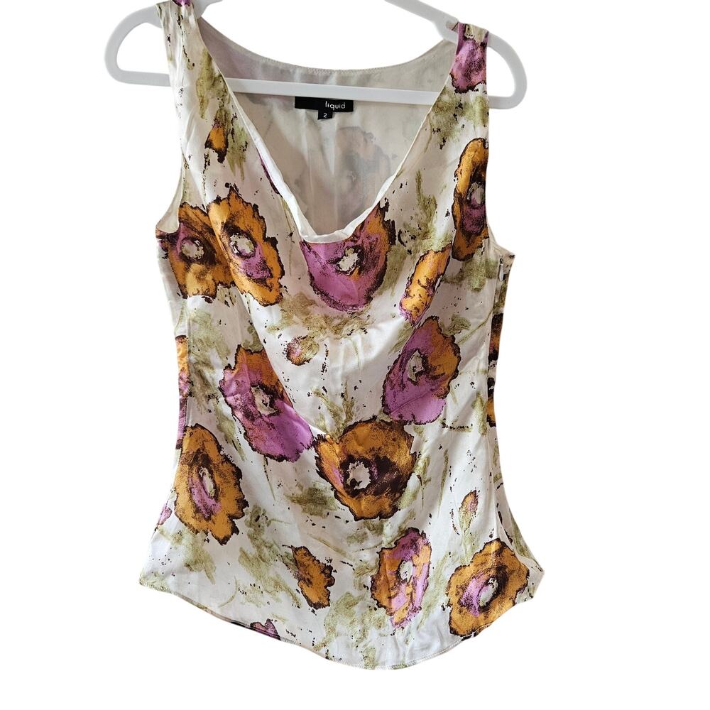 Vintage Liquid 100% Silk Floral Drape Neck Tank Blouse Made in USA Size 2